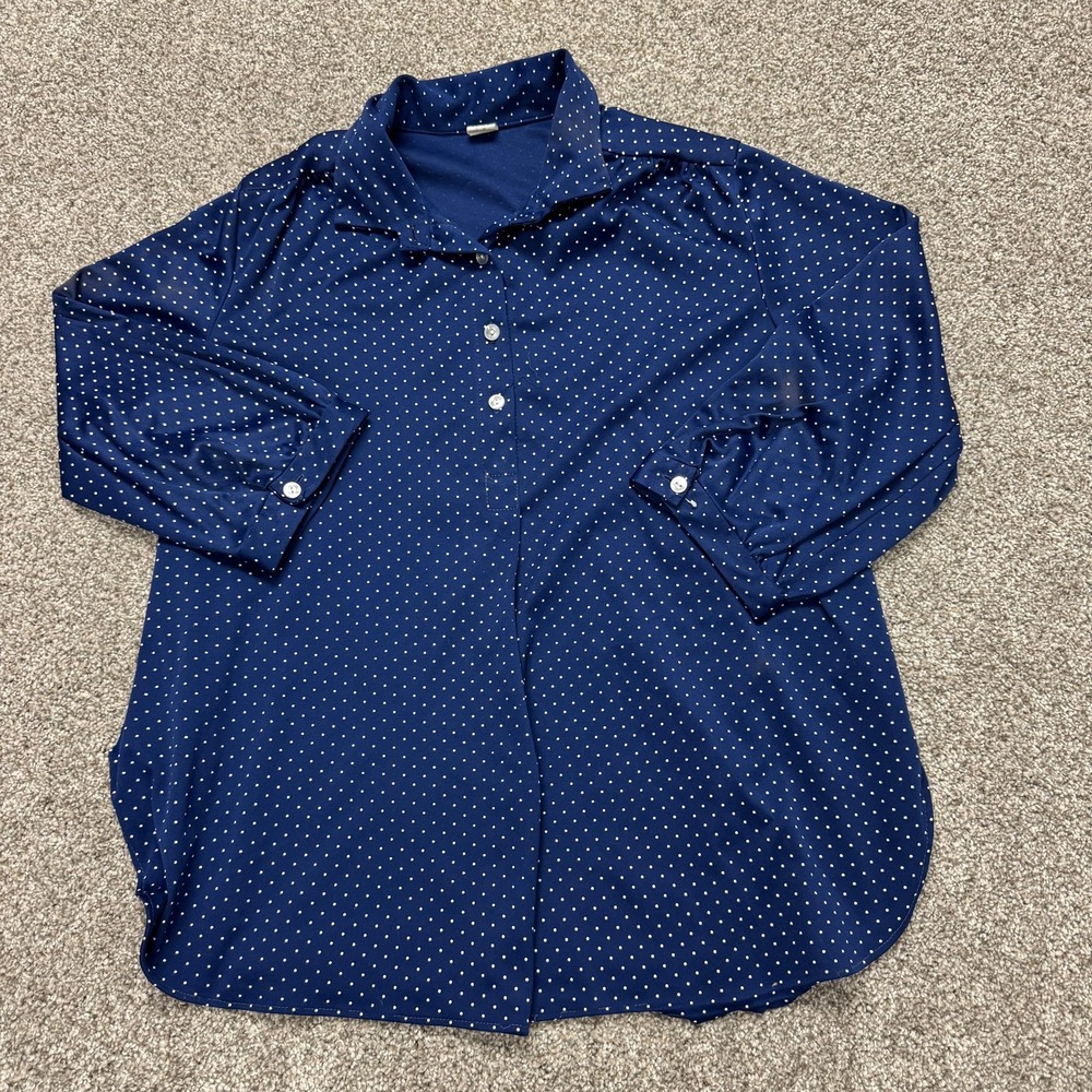 Vintage Blouse Womens L Blue Polka Dot Collared 3/4 Sleeve Button Tunic Top